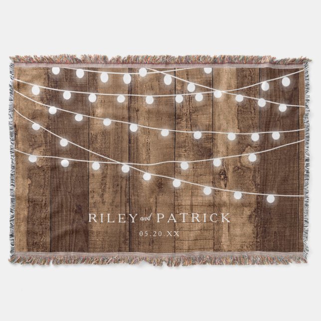 Rustic Wood & Fairy Lights Custom Wedding Gift Throw Blanket (Front)