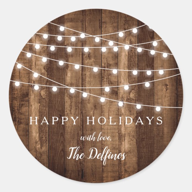 Rustic Wood Fairy Lights Customized Holiday Classic Round Sticker (Front)