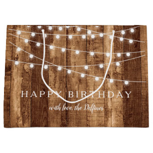 Rustic Wood & Fairy Lights Happy Birthday Custom Large Gift Bag