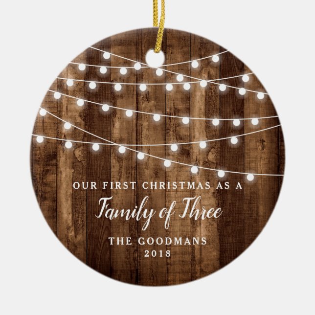 Rustic Wood Fairy Lights New Baby Gift Family Name Ceramic Ornament (Front)