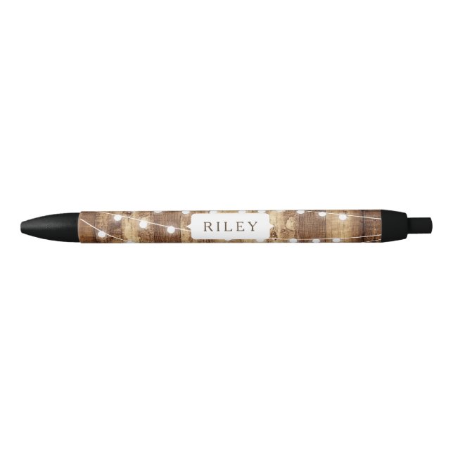 Rustic Wood & Fairy Lights Personalized Monogram Black Ink Pen (Front)