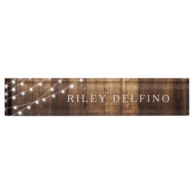 Rustic Wood Fairy Lights Teacher Name Sign Custom Nameplate (Front)