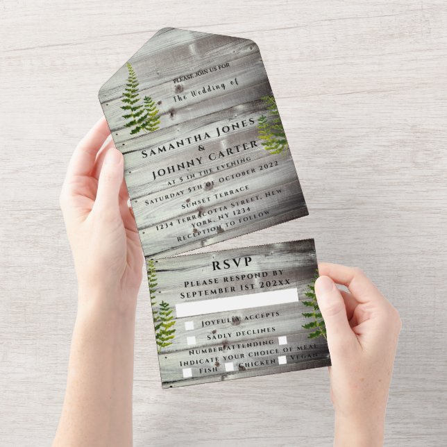 Rustic Wood Fall Autumn Fern Barn Country Wedding  All In One Invitation (Tearaway)