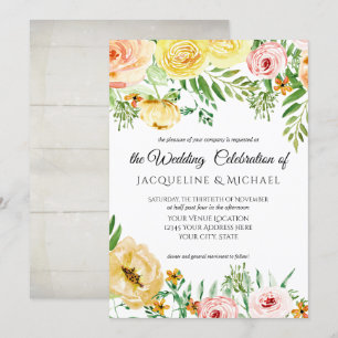 Rustic Wood Fall Colour Blush Yellow Peach Floral Invitation