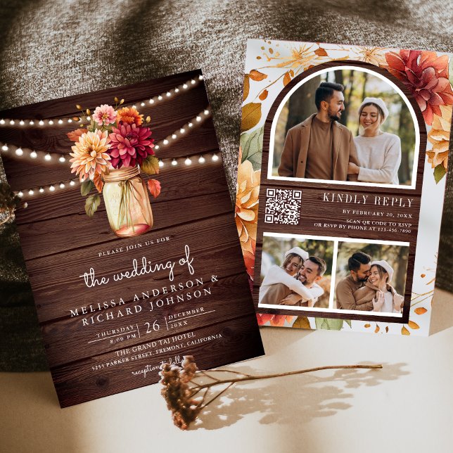 Rustic Wood Fall Dahlia Mason Jar QR Code Wedding Invitation (Creator Uploaded)