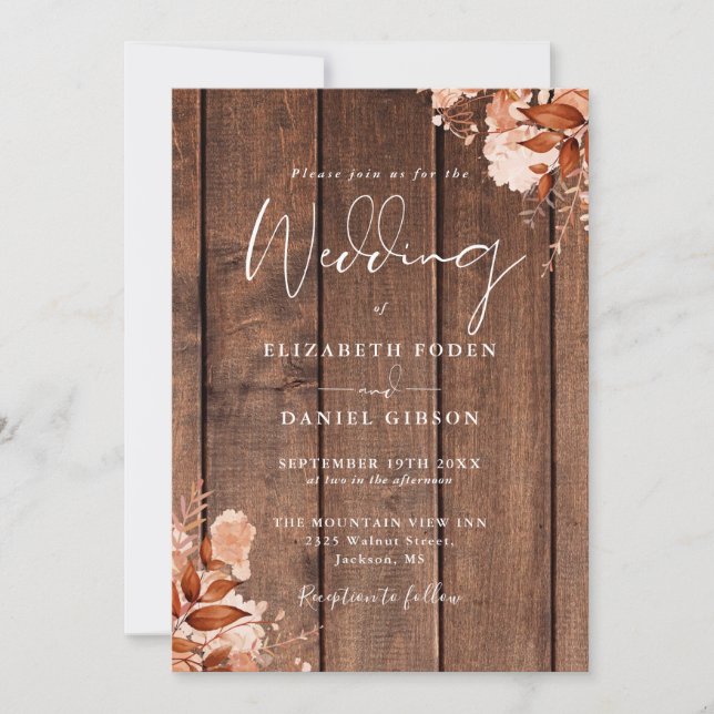 Rustic Wood Fall Floral QR Code Wedding Invitation (Front)