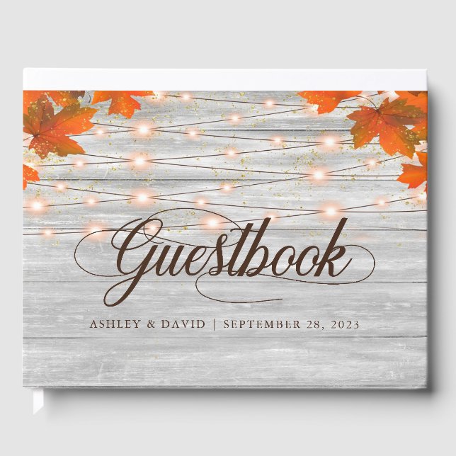 Rustic Wood Fall In Love String Lights Wedding Guest Book (Front)