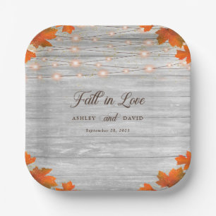 Rustic Wood Fall In Love String Lights Wedding Paper Plate