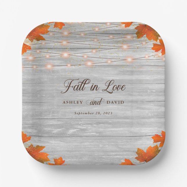 Rustic Wood Fall In Love String Lights Wedding Paper Plate (Front)