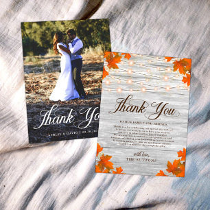 Rustic Wood Fall In Love String Lights Wedding Thank You Card