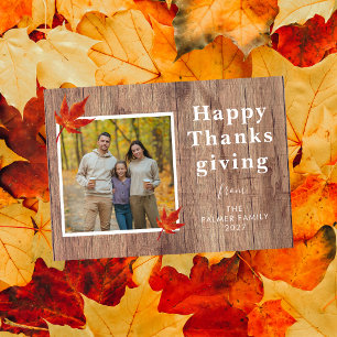 Rustic Wood & Fall Leaves Happy Thanksgiving Photo Holiday Card