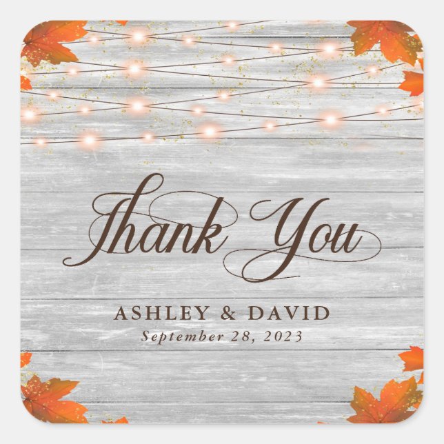 Rustic Wood Fall Leaves Lights Thank You Wedding Square Sticker (Front)