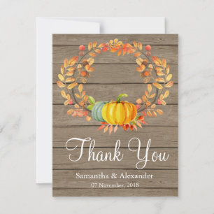 Rustic Wood Fall Leaves Pumpkin Thank You Card