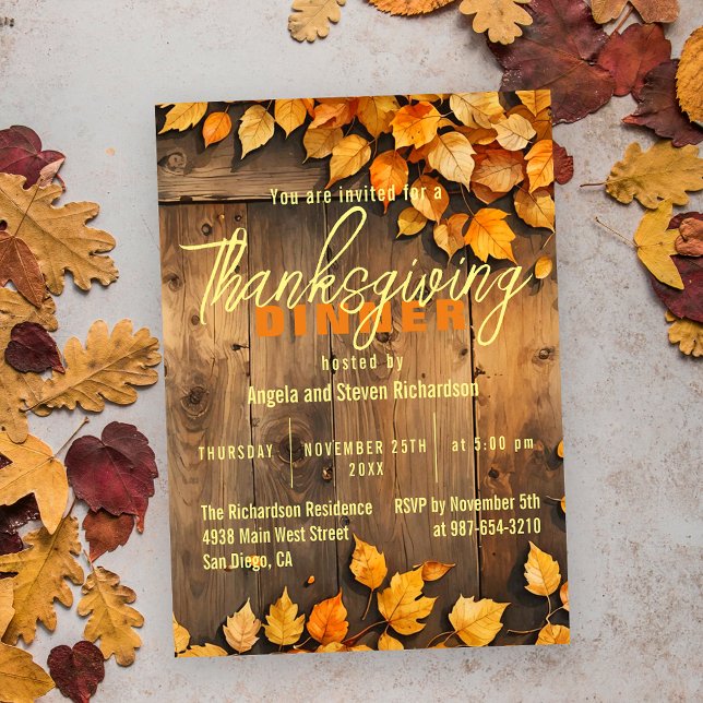 Rustic Wood Fall Leaves Thanksgiving Dinner Invitation (Creator Uploaded)