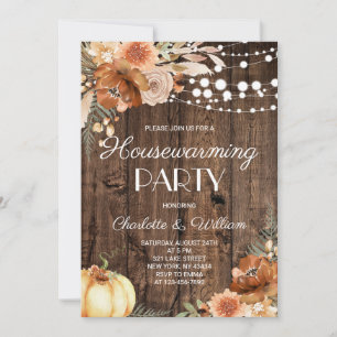 Rustic Wood Fall Pumpkin Floral Housewarming Party Invitation