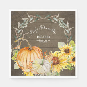 Rustic Wood Fall Pumpkins w Sunflowers Baby Shower Napkin