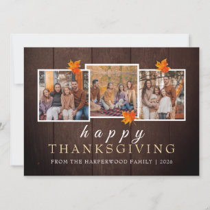 Rustic Wood Fall thanksgiving family 3 photo Holiday Card