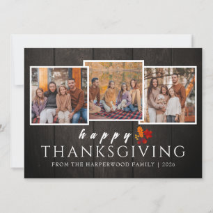 Rustic Wood Fall thanksgiving family 3 photo Holiday Card