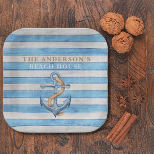 Rustic Wood Family Beach House Nautical Stripes Paper Plate