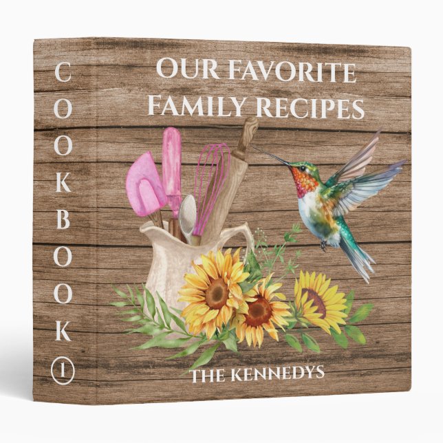 Rustic Wood Family Cookbook Hummingbird Sunflower Binder (Front/Spine)