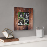 Rustic wood Family custom photo collage Square Wall Clock<br><div class="desc">Custom Family photo collage on rustic wood background clock.
Add your own personal photos to personalize the clock. Do don't have to add only square photos other sizes will also fit.
If you need help please contact me.</div>