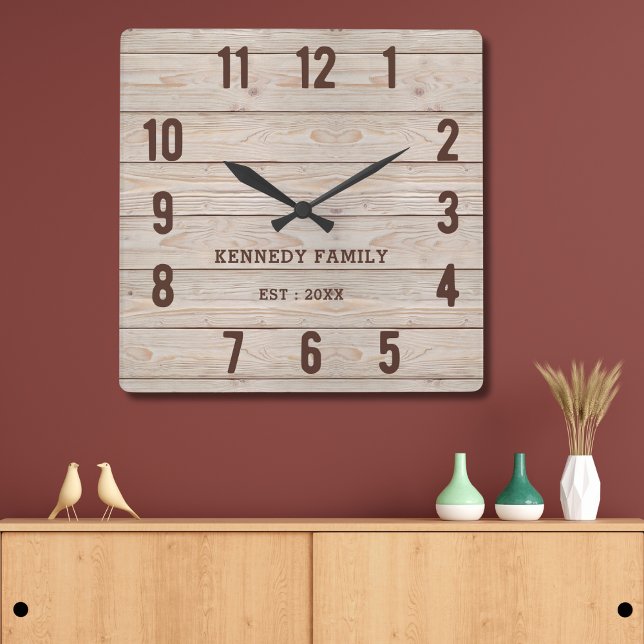  Rustic Wood Family Name Farmhouse Kitchen Square Wall Clock (Creator Uploaded)