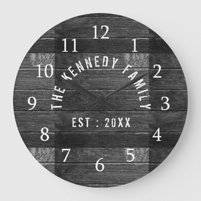 Rustic Wood Family Name Farmhouse Large Clock (Front)