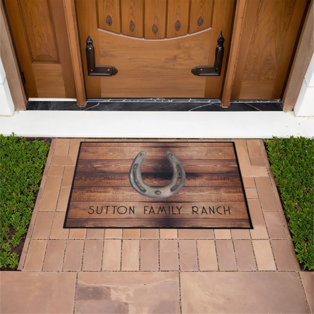 Rustic Wood Family Name Horse Shoe Doormat (Outdoor)