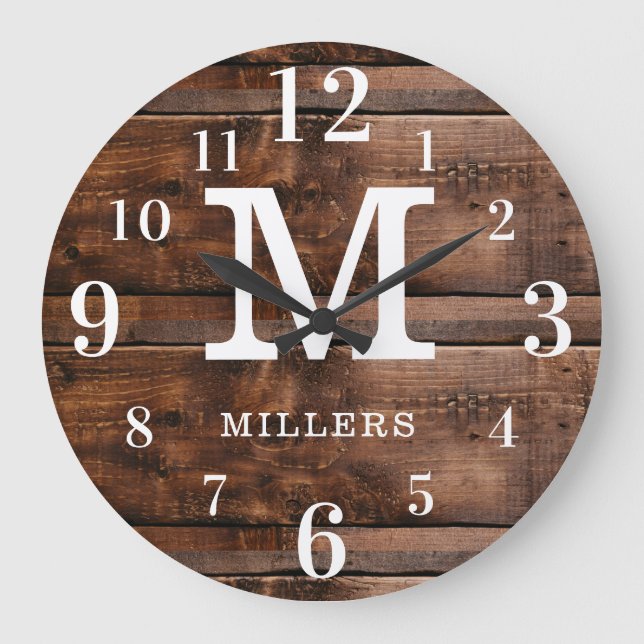 Rustic Wood Family Name Large Numbers Monogram Large Clock (Front)