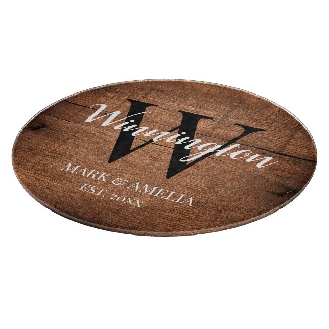Rustic Wood Family Name Monogram Wedding Date  Cutting Board (Corner)