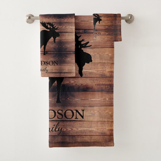 Rustic Wood Family Name Moose  Bath Towel Set (Insitu)