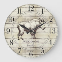 Rustic Wood Family Name Mountain Goat Large Clock