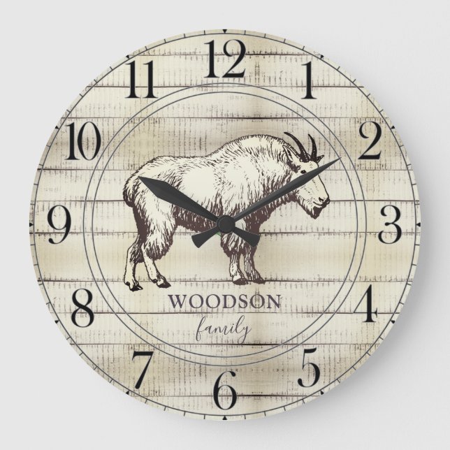 Rustic Wood Family Name Mountain Goat Large Clock (Front)