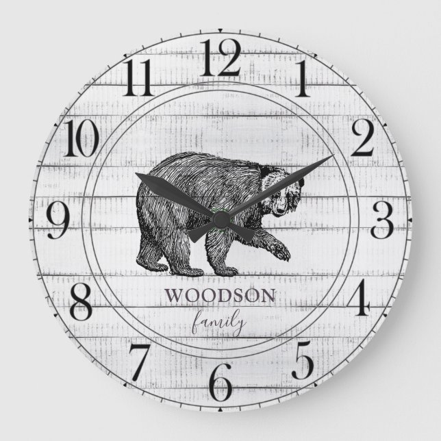 Rustic Wood Family Name Walking Bear Large Clock (Front)