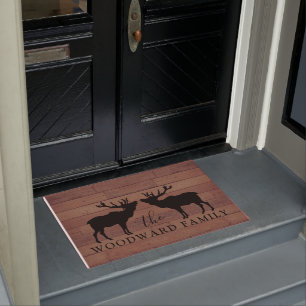 Rustic Wood Family Name Walking Elk  Doormat