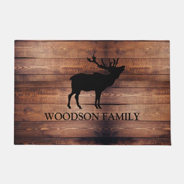 Rustic Wood Family Name Walking Elk  Doormat (Front)