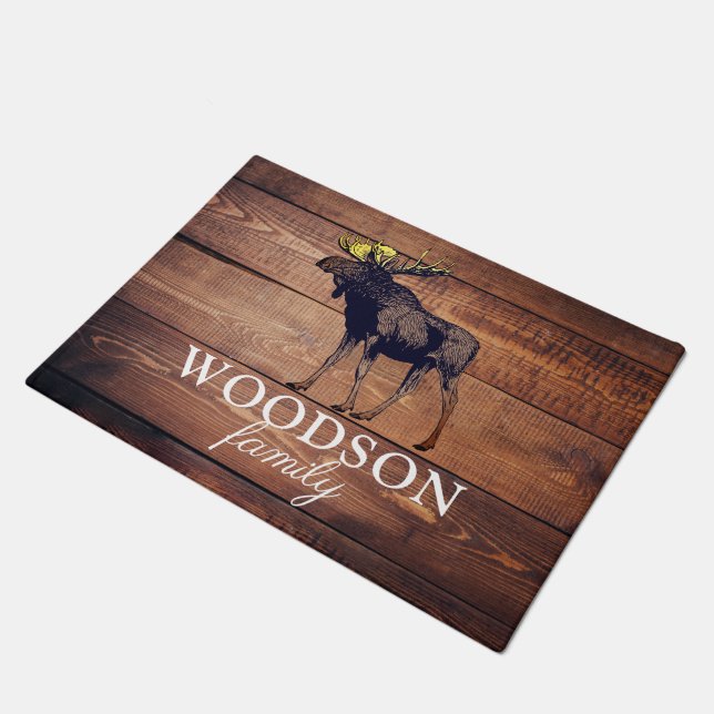 Rustic Wood Family Name Walking Moose  Doormat (Angled)