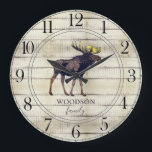 Rustic Wood Family Name Walking Moose Large Clock<br><div class="desc">Rustic white washed barn wood walking moose family name large clock for your cabin, lake house, tiny house or any rustic woodlands, wilderness, or country setting. The stylish script and serif typeface contrasts gives this design a contemporary rustic vibe.</div>