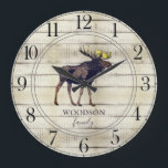 Rustic Wood Family Name Walking Moose Large Clock<br><div class="desc">Rustic white washed barn wood walking moose family name large clock for your cabin,  lake house,  tiny house or any rustic woodlands,  wilderness,  or country setting. The stylish script and serif typeface contrasts gives this design a contemporary rustic vibe.</div>