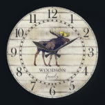 Rustic Wood Family Name Walking Moose Large Clock<br><div class="desc">Rustic white washed barn wood walking moose family name large clock for your cabin, lake house, tiny house or any rustic woodlands, wilderness, or country setting. The stylish script and serif typeface contrasts gives this design a contemporary rustic vibe.</div>