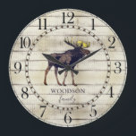 Rustic Wood Family Name Walking Moose Large Clock<br><div class="desc">Rustic white washed barn wood walking moose family name large clock for your cabin,  lake house,  tiny house or any rustic woodlands,  wilderness,  or country setting. The stylish script and serif typeface contrasts gives this design a contemporary rustic vibe.</div>