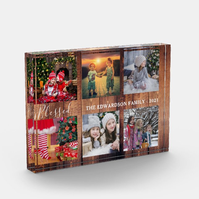 Rustic wood family photo collage blessed script block (Left)