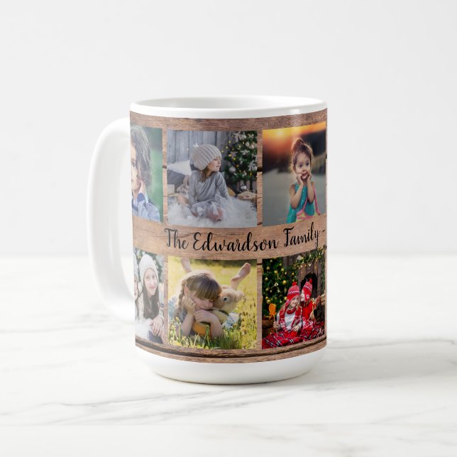 Rustic wood  family photo collage family name coffee mug (Front Left)