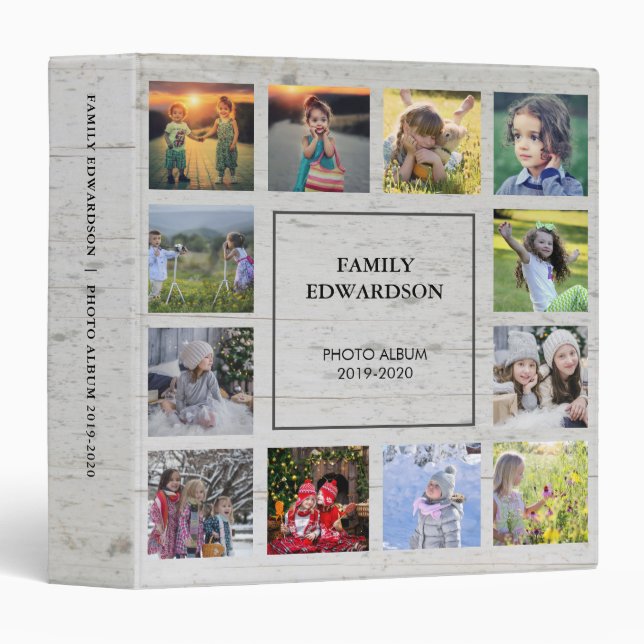 Rustic wood family photo collage monogram name binder (Front/Spine)