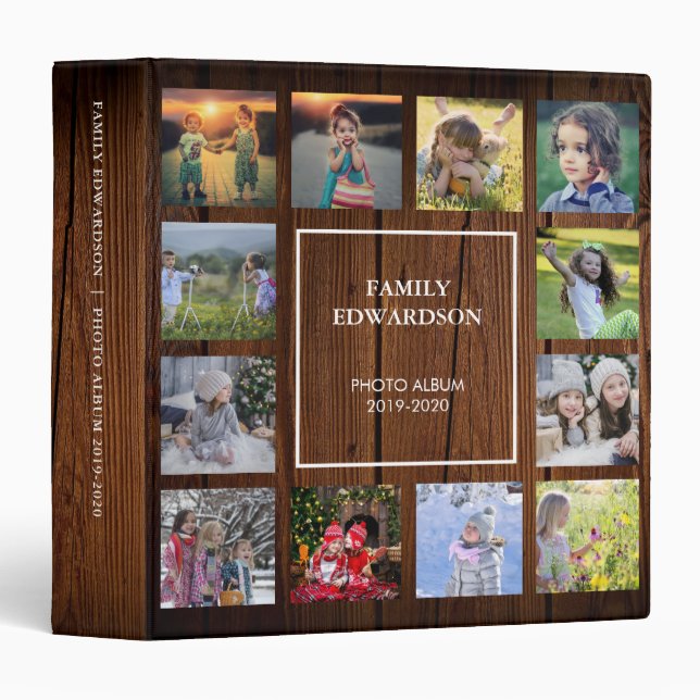 Rustic wood family photo collage monogram name binder (Front/Spine)