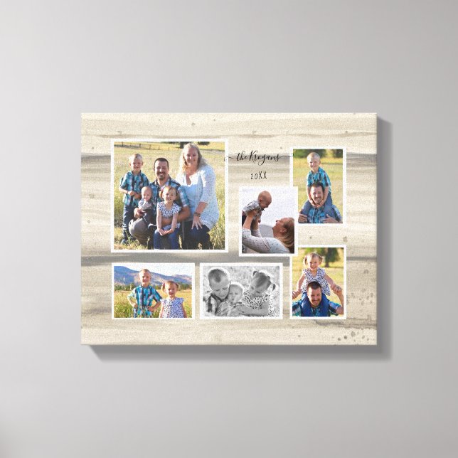 Rustic Wood Family Photo Collage Script Name 6  Canvas Print (Front)