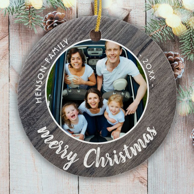 Rustic Wood Family Photo Merry Christmas Ceramic Ornament (Creator Uploaded)