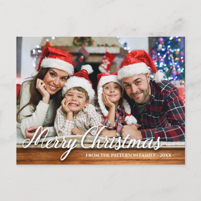 Rustic Wood Family Photo Merry Christmas Modern Postcard (Front)