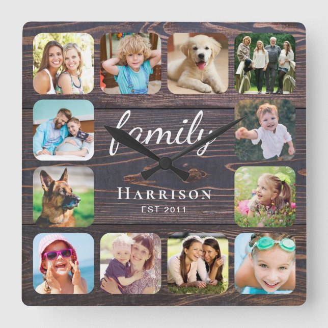Rustic Wood Family Photo Personalized Square Wall Clock (Front)