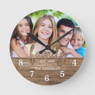 Rustic Wood Family Typography Photo Farmhouse Round Clock